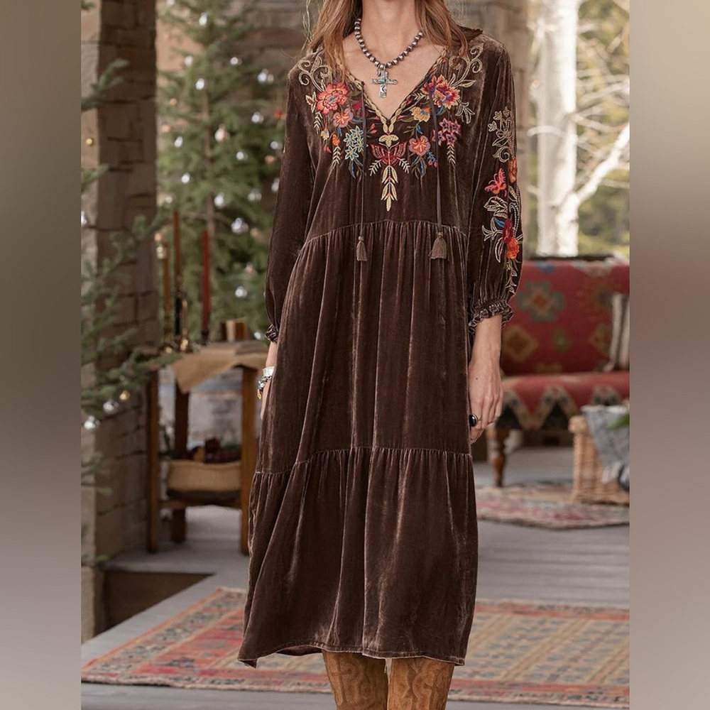 Johnny Was Brown Embroidered Dress with Tassel Ties